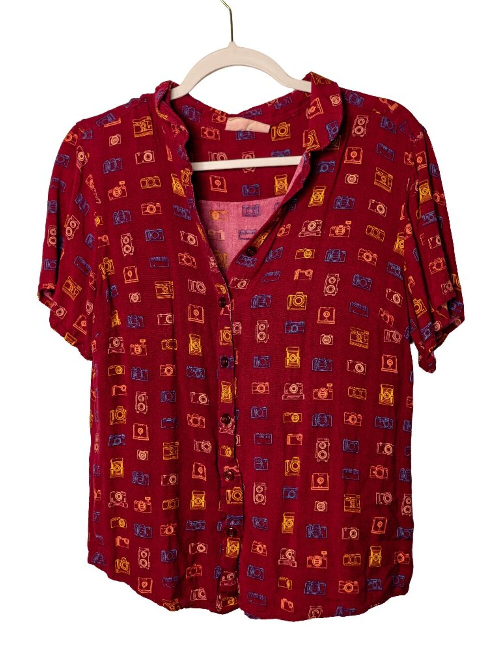 Circus Burgundy Lightweight Camera Print Button-Up Top - UK 14 (US 16)